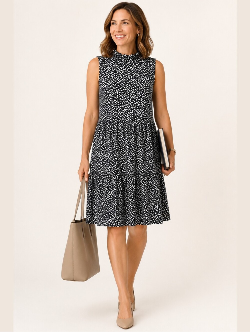 Rielle Black White Grey Tiered Knee Lenth Dress Ruffle Mock Neck Sleeveless M